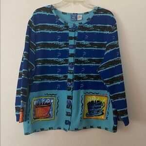 Vintage Onque Casuals  bright tea coffee cup print cardigan sweater large